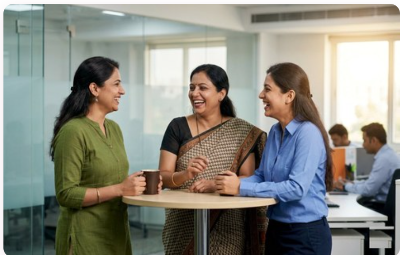Indian women professionals chatting over coffee at the office